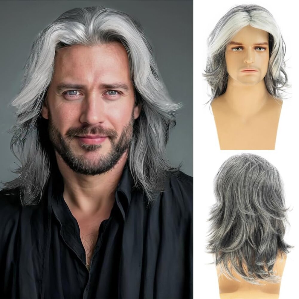Mens Wig Grey Long Straight Synthetic Heat‎ Resistant Costume Cosplay Hair Wig